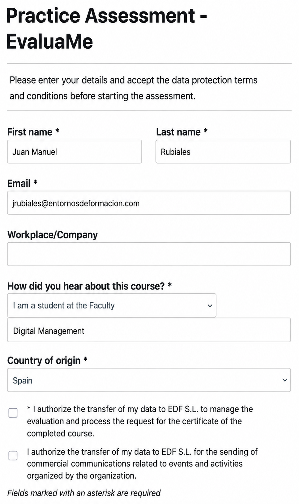 Student personal data form