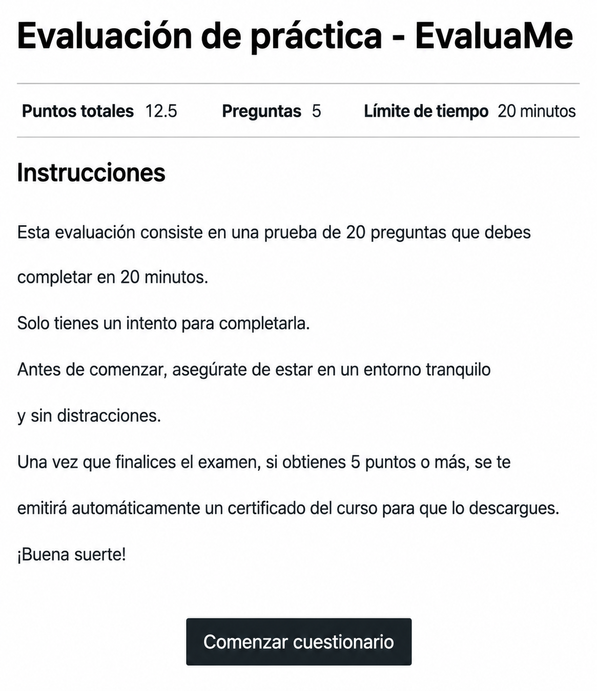 Pantalla de inicio del examen con instrucciones