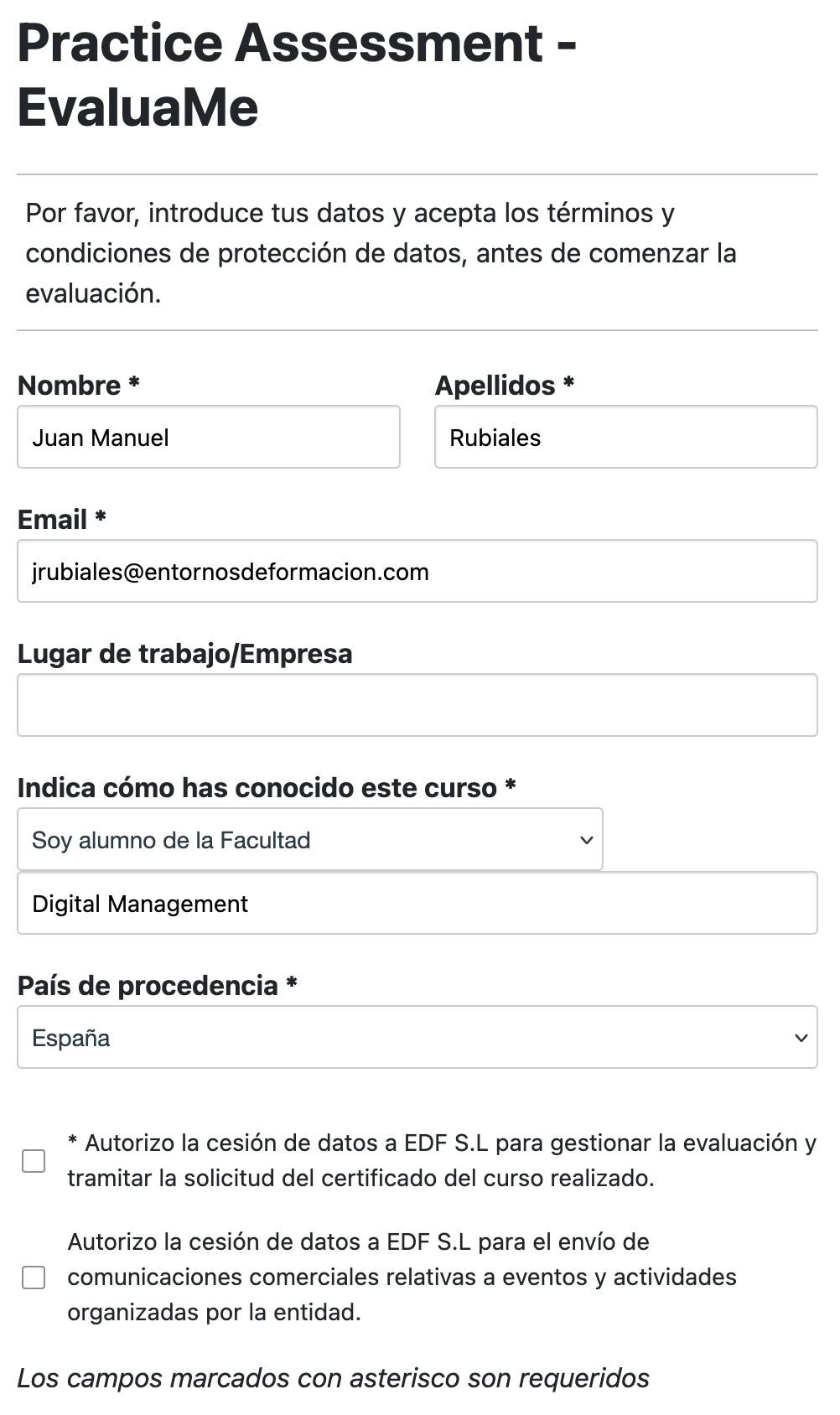 Formulario de datos personales del alumno