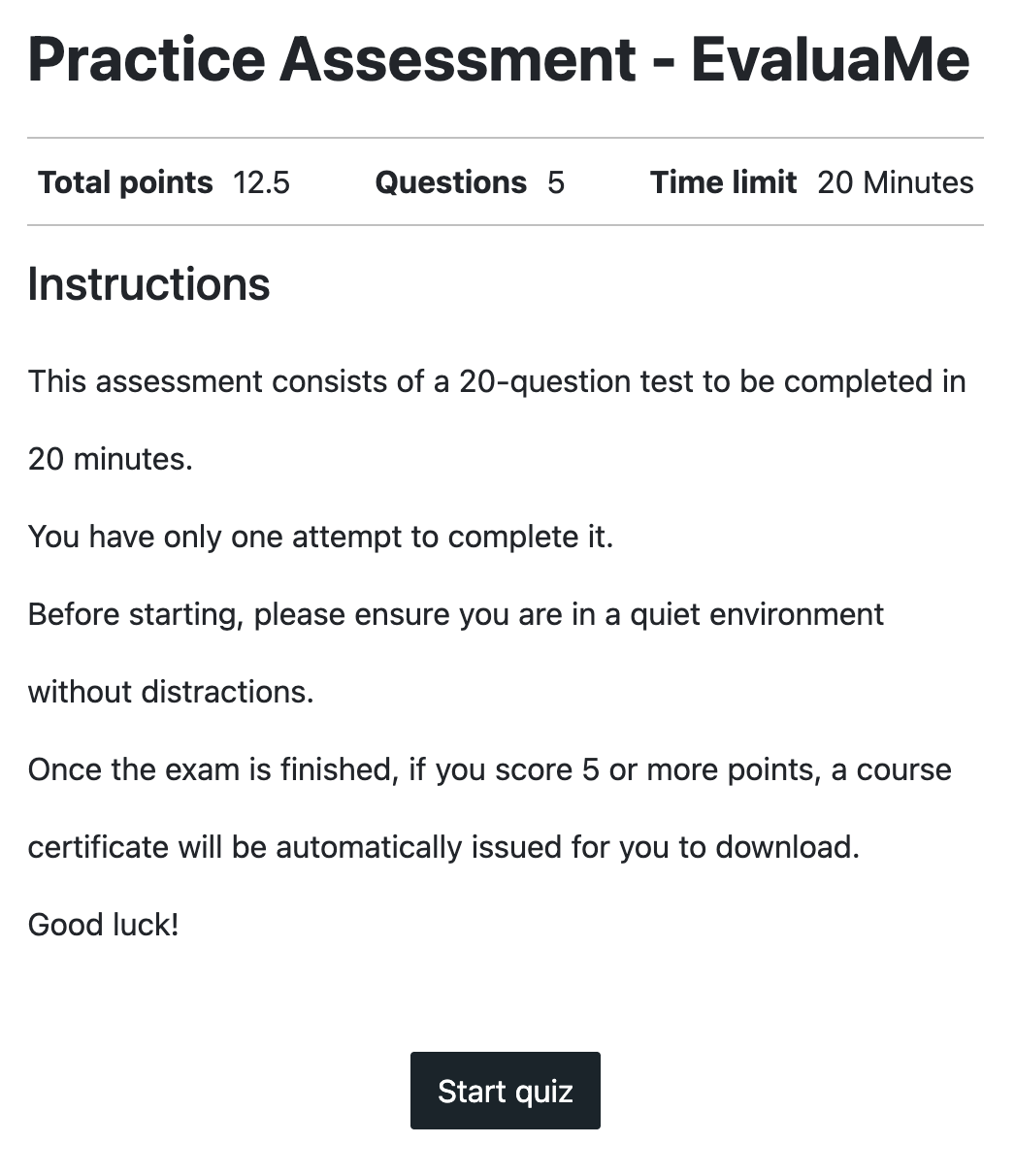 Pantalla de inicio del examen con instrucciones